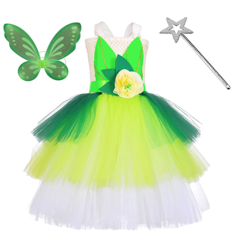 할로윈 코스프레 공주 아기 여자 파티 녹색 꽃 요정 땜장이 벨 드레스 엘프 의상과 나비 날개 세트 세트