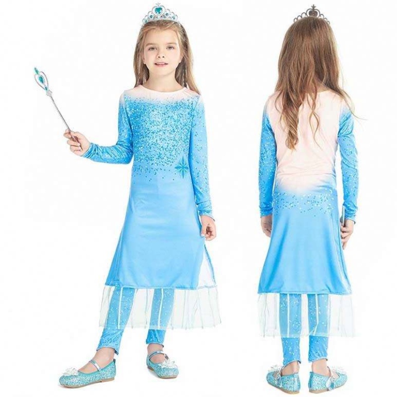 공주 공주 공상 어린 소녀 긴 드레스 바지 2pcs elsa 드레스 코스프레 액세서리 hcgd-021