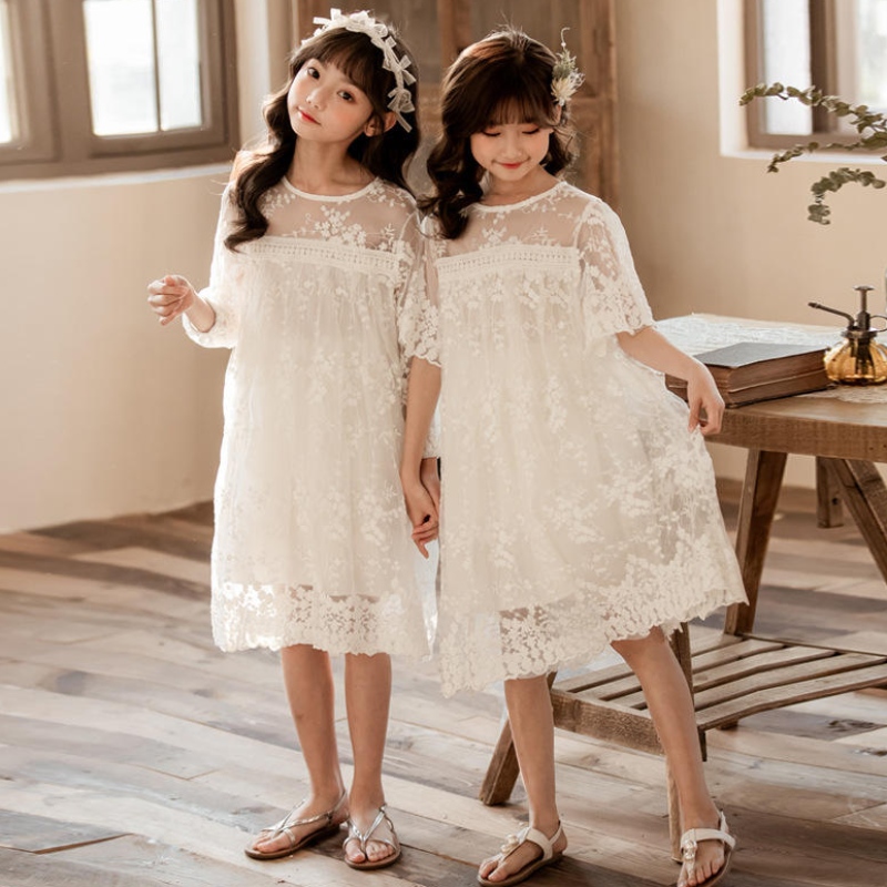 새로운 여름 면화 네이 얀 레이스 여자 드레스 아이 스커트 어린이 옷 3-14 세 흰색 공주 드레스